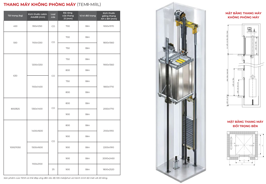 Bảng kích thước và bản vẽ Thang tải khách không phòng máy Temi MRL